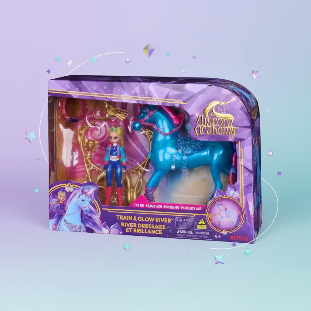 Magiske lyseffekter aktiveret af en ædelsten på unicornens bryst.
